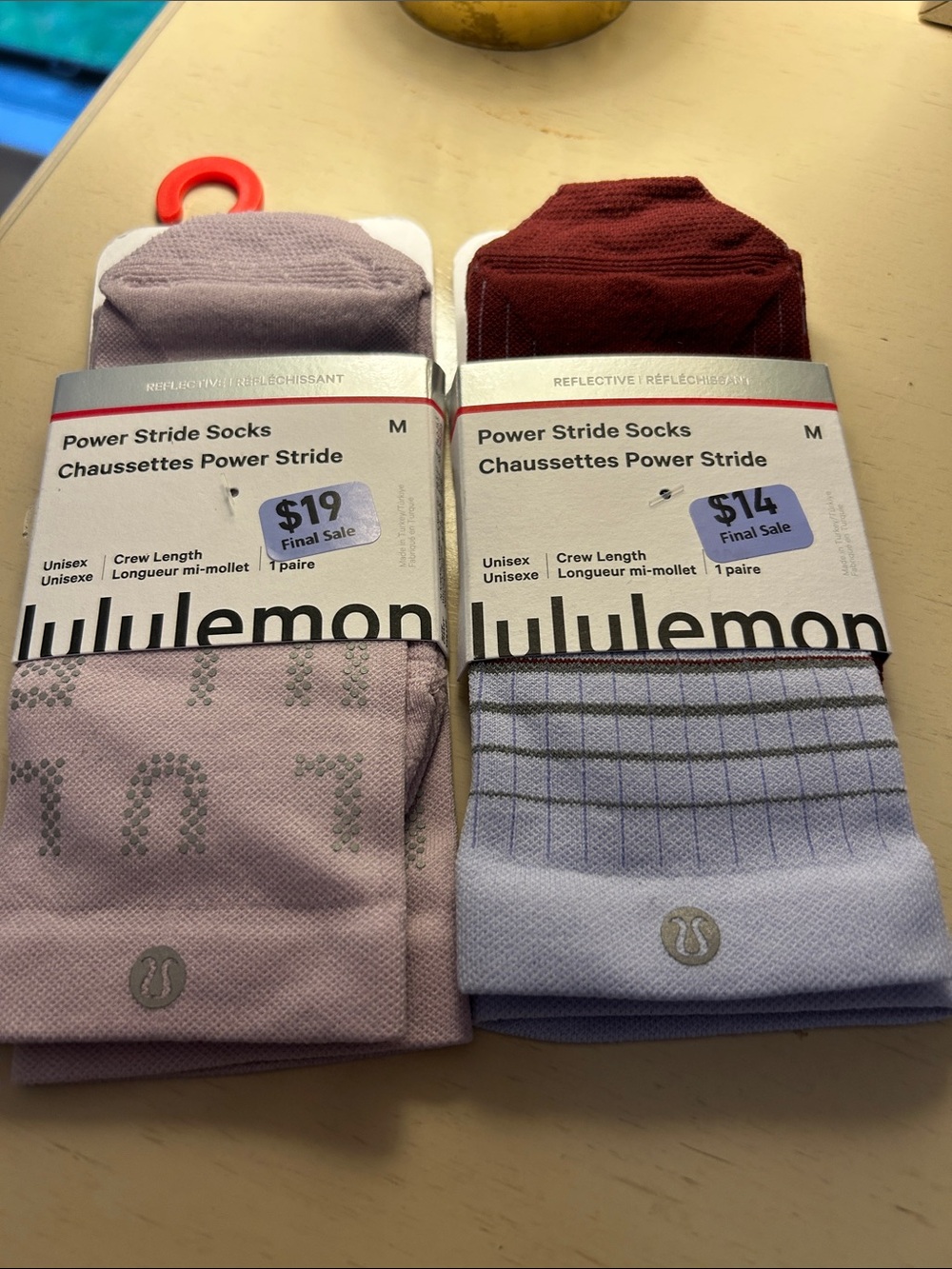 lululemon Power Stride Crew Socks - Light Purple maroon 2 pair reflective
